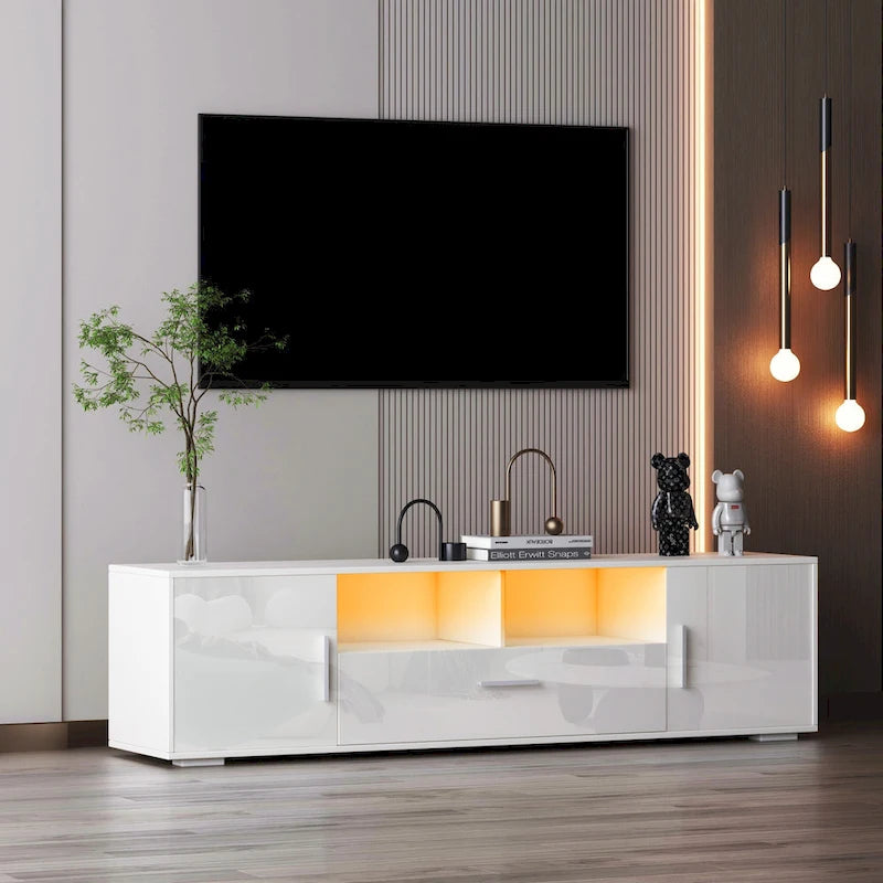 Meuble TV avec lumières LED, placards et étagères ouvertes pour téléviseurs