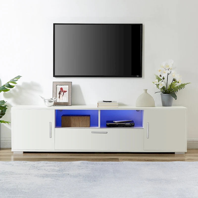 Meuble TV avec lumières LED, placards et étagères ouvertes pour téléviseurs