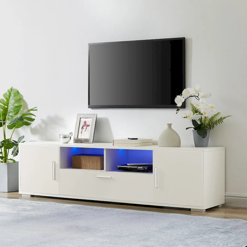 Meuble TV avec lumières LED, placards et étagères ouvertes pour téléviseurs