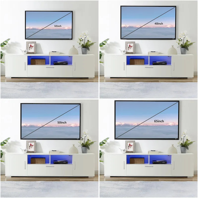 Meuble TV avec lumières LED, placards et étagères ouvertes pour téléviseurs