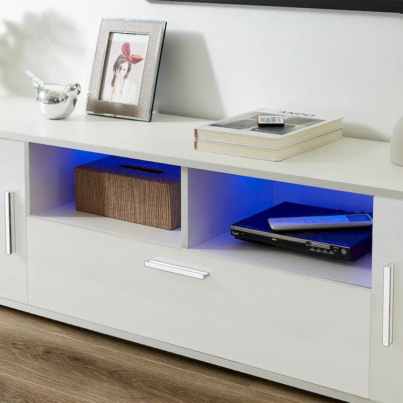 Meuble TV avec lumières LED, placards et étagères ouvertes pour téléviseurs