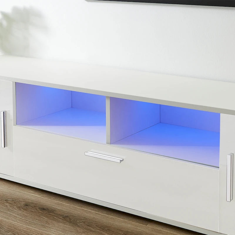 Meuble TV avec lumières LED, placards et étagères ouvertes pour téléviseurs