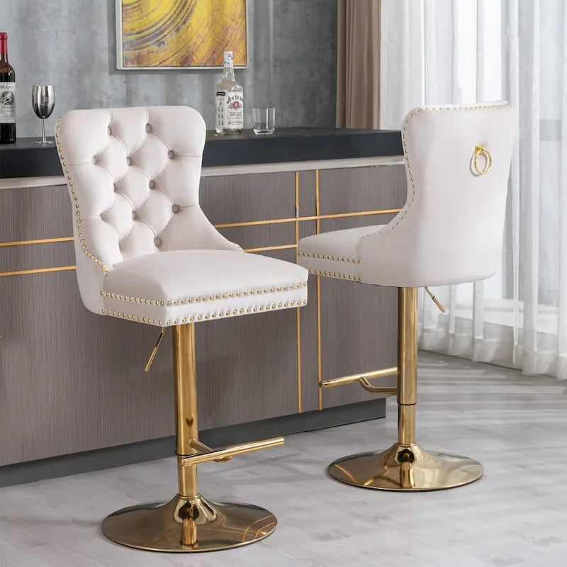 Tabouret de bar pivotant en velours doré épais, réglable en hauteur, avec dossier