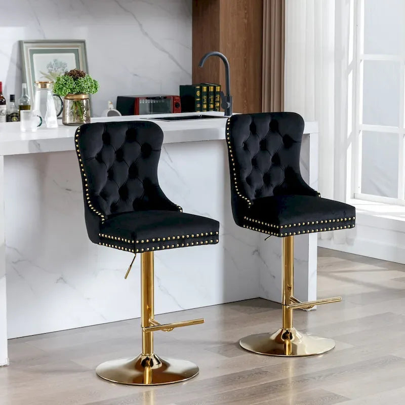 Tabouret de bar pivotant en velours doré épais, réglable en hauteur, avec dossier