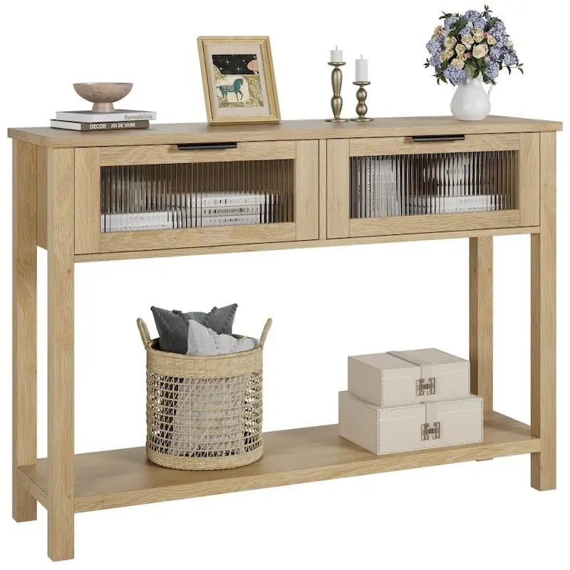 Console de ferme avec tiroirs en verre et étagère pour entrée