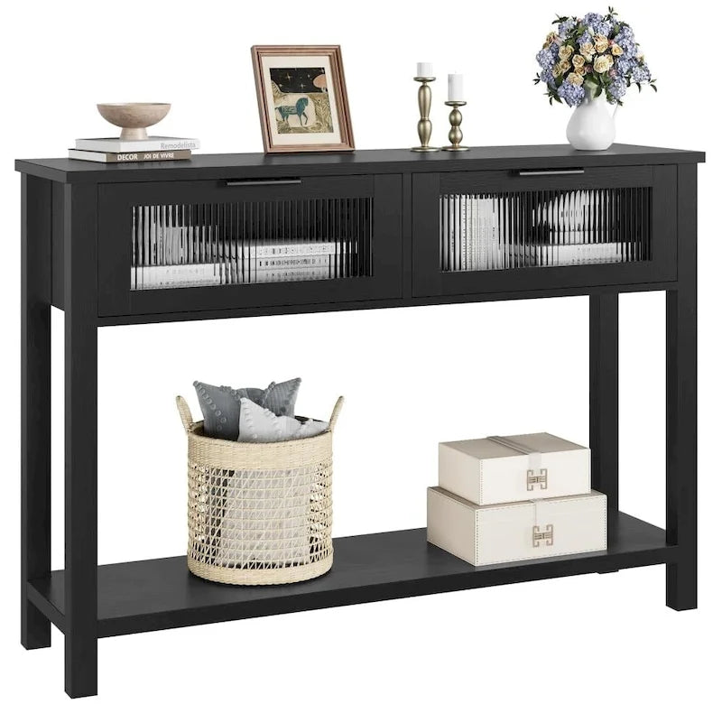 Console de ferme avec tiroirs en verre et étagère pour entrée