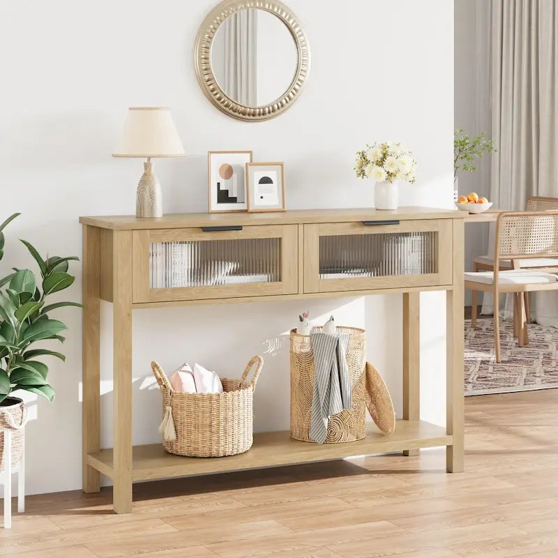 Console de ferme avec tiroirs en verre et étagère pour entrée