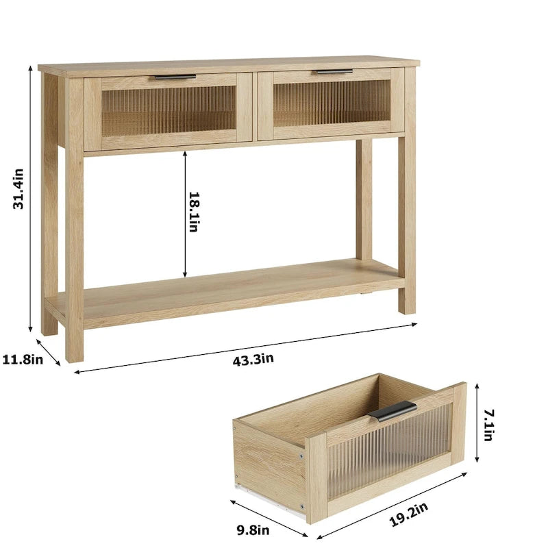Console de ferme avec tiroirs en verre et étagère pour entrée