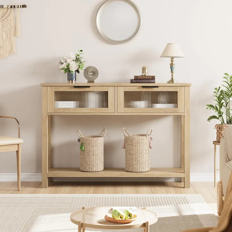 Console de ferme avec tiroirs en verre et étagère pour entrée