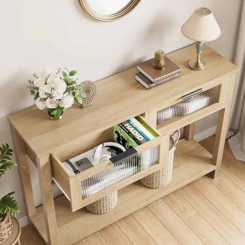 Console de ferme avec tiroirs en verre et étagère pour entrée