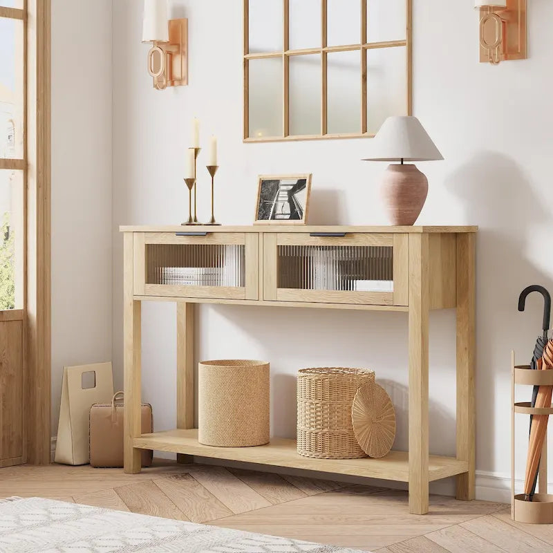 Console de ferme avec tiroirs en verre et étagère pour entrée