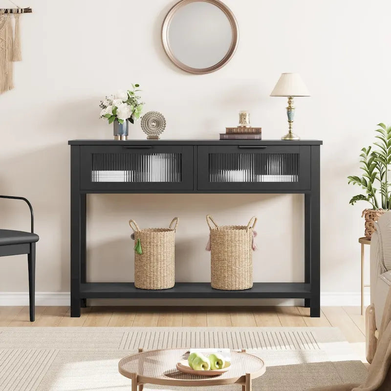 Console de ferme avec tiroirs en verre et étagère pour entrée