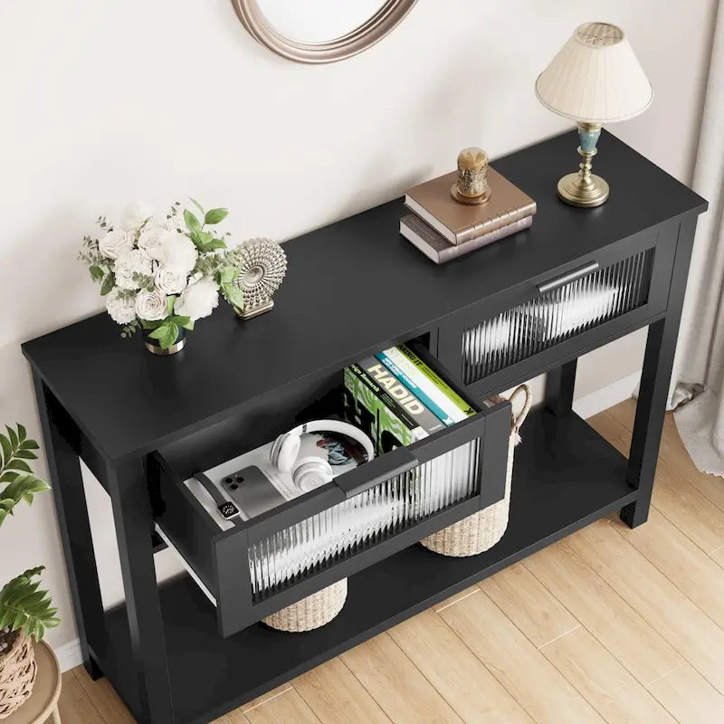 Console de ferme avec tiroirs en verre et étagère pour entrée