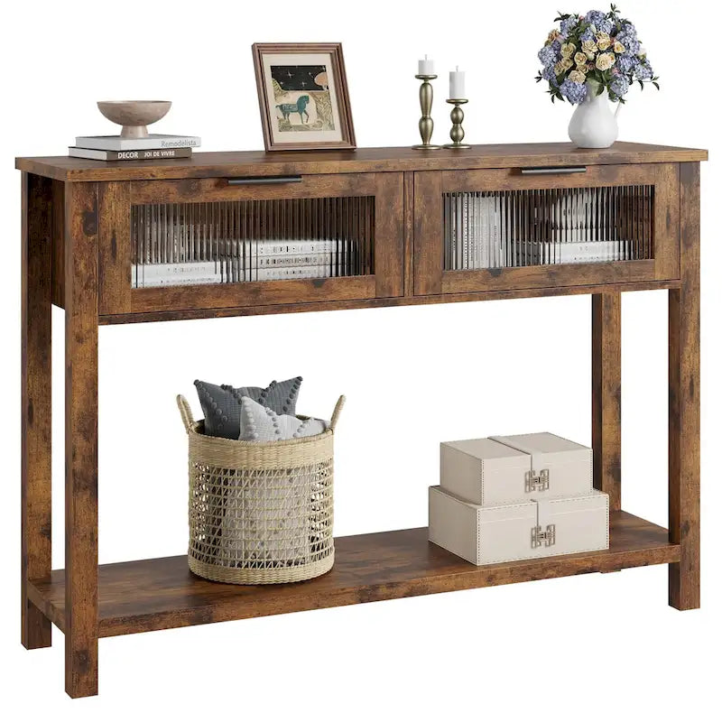 Console de ferme avec tiroirs en verre et étagère pour entrée
