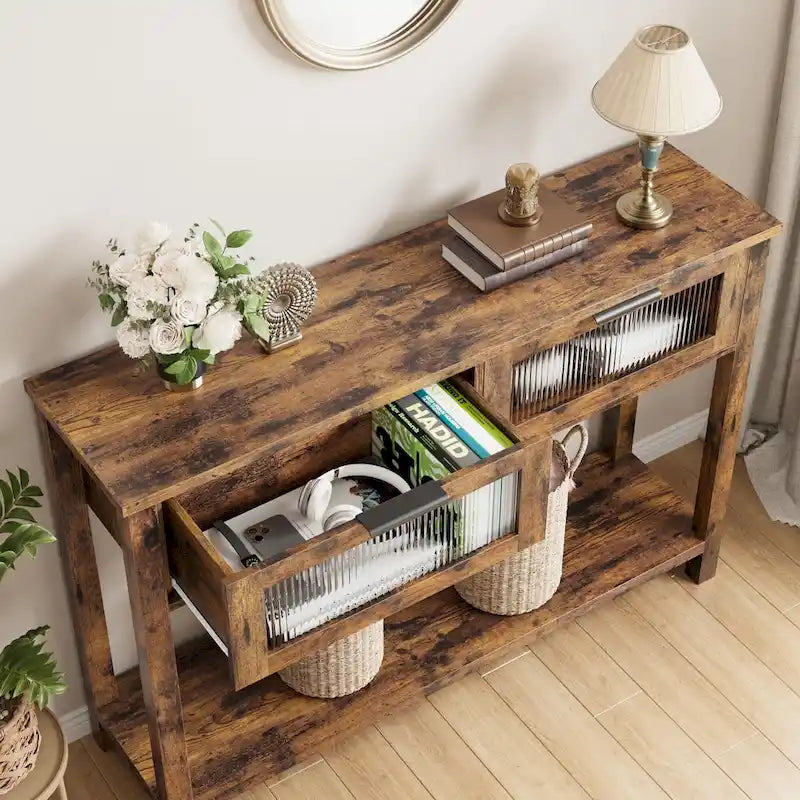 Console de ferme avec tiroirs en verre et étagère pour entrée