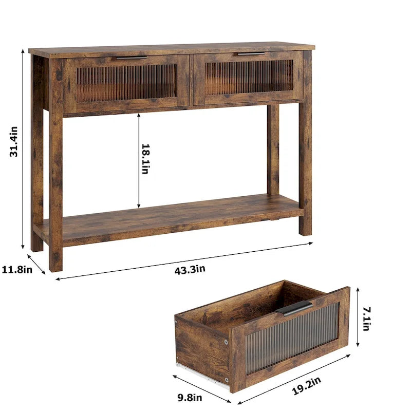 Console de ferme avec tiroirs en verre et étagère pour entrée