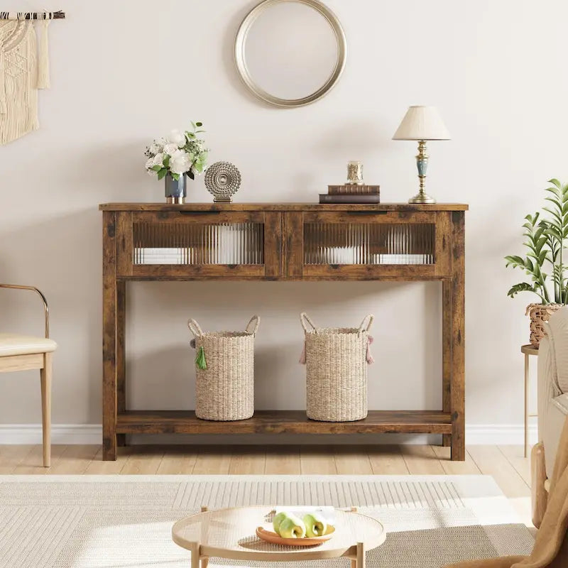 Console de ferme avec tiroirs en verre et étagère pour entrée