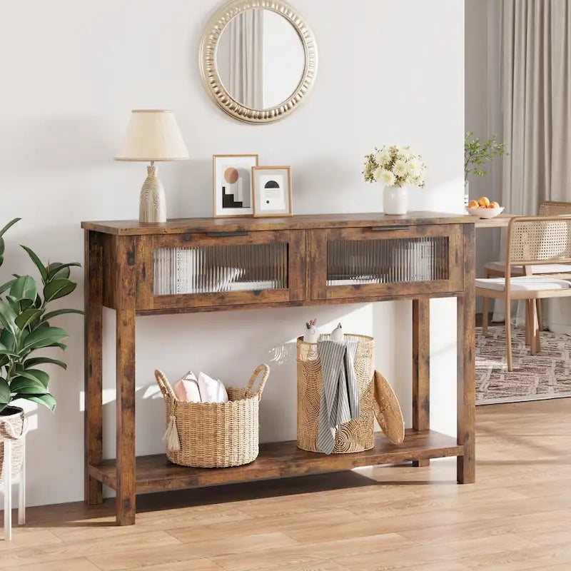 Console de ferme avec tiroirs en verre et étagère pour entrée