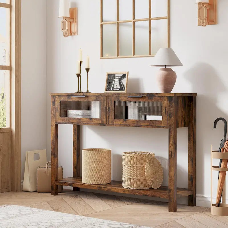 Console de ferme avec tiroirs en verre et étagère pour entrée