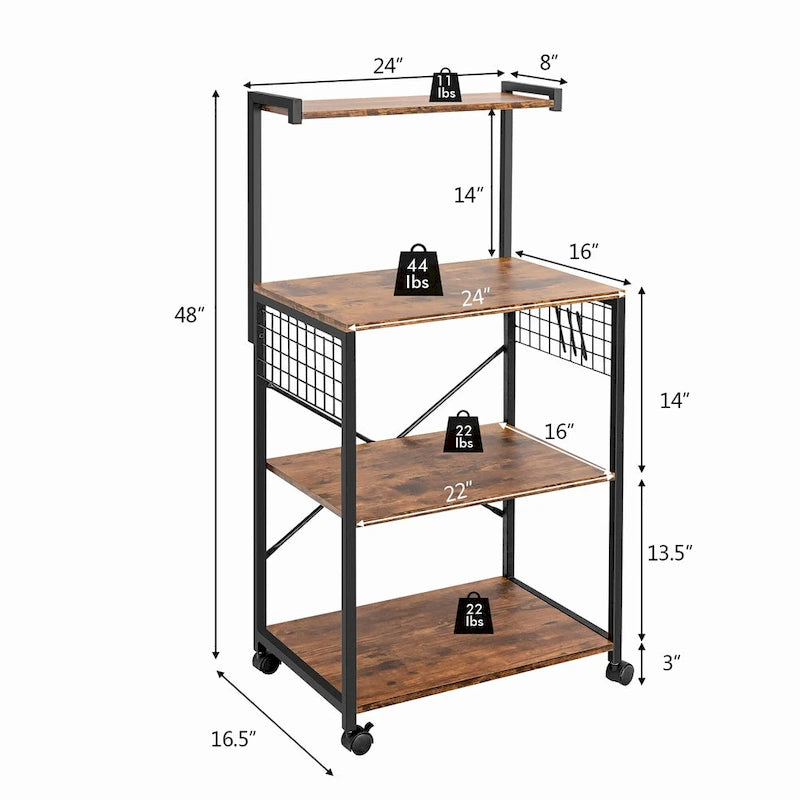 Étagère roulante de boulanger à 4 niveaux de style industriel