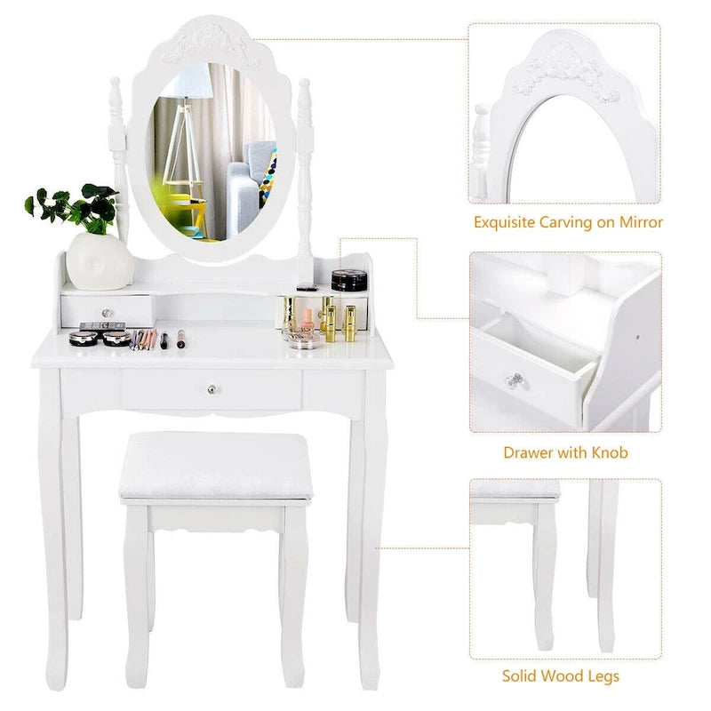 Coiffeuse et tabouret en bois blancs