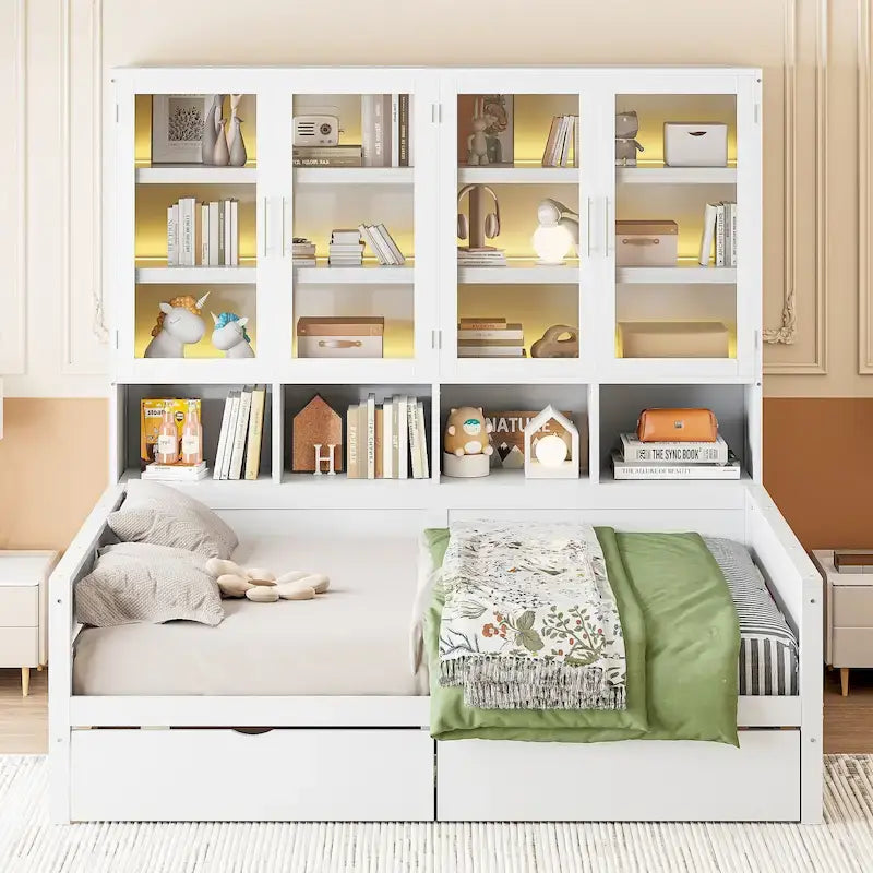 Lit banquette avec étagères et rangement, lit capitaine en bois intégré