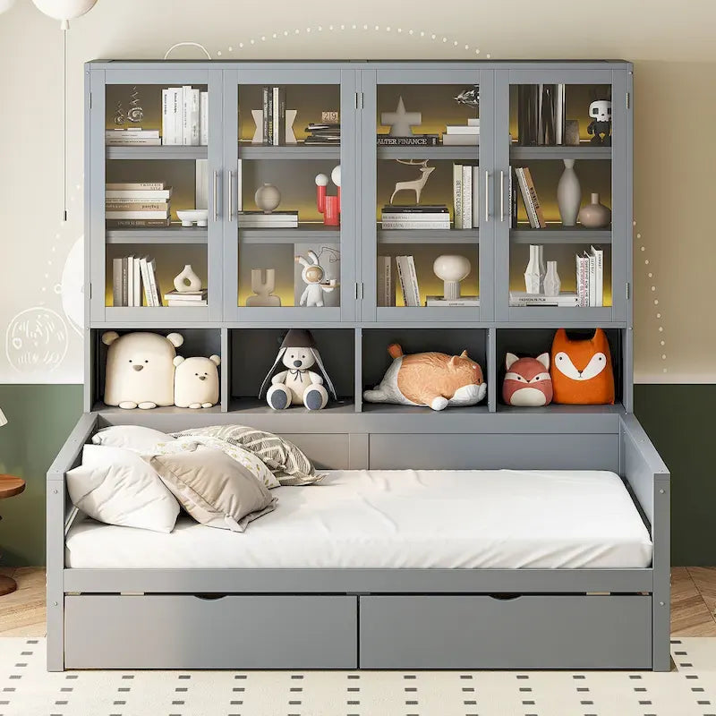 Lit banquette avec étagères et rangement, lit capitaine en bois intégré