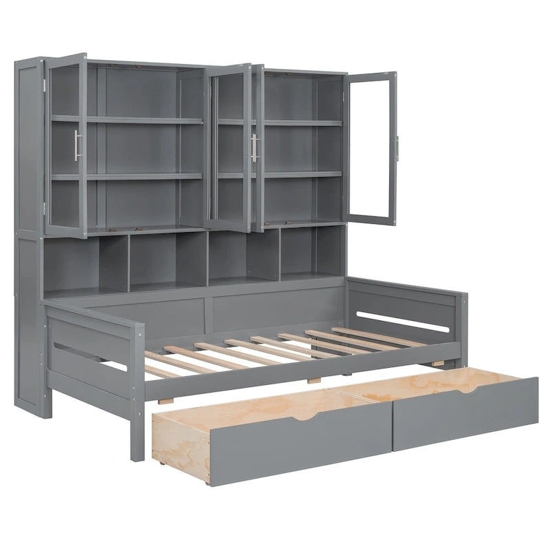 Lit banquette avec étagères et rangement, lit capitaine en bois intégré