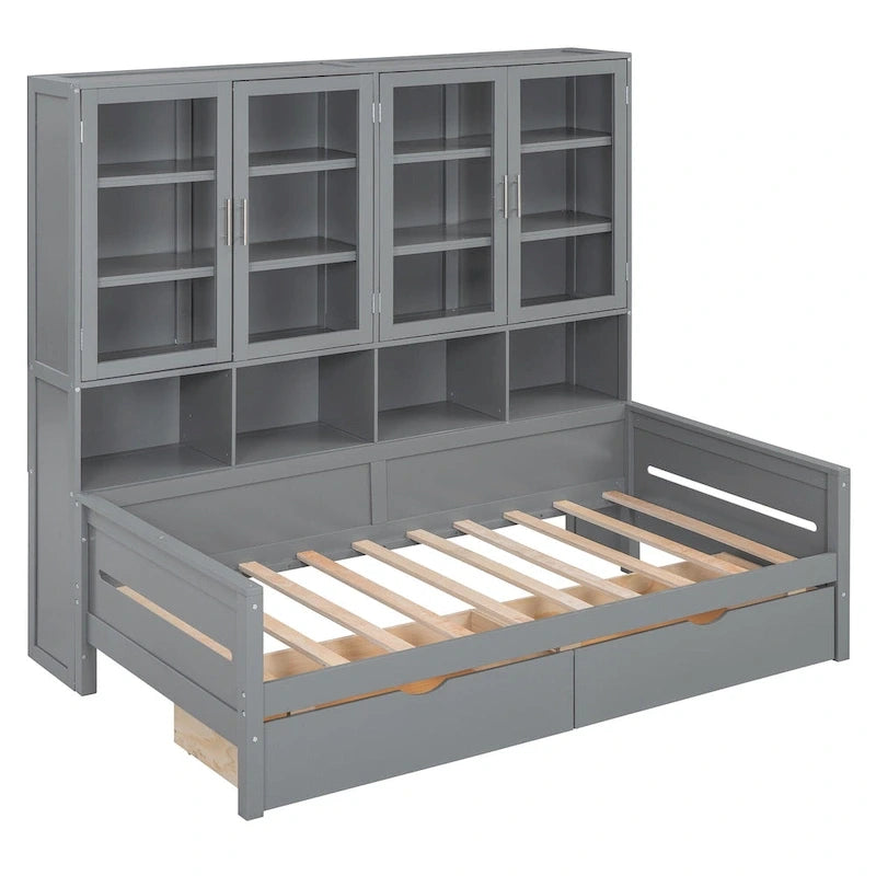 Lit banquette avec étagères et rangement, lit capitaine en bois intégré