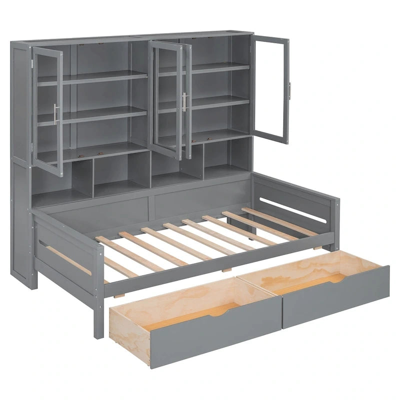 Lit banquette avec étagères et rangement, lit capitaine en bois intégré