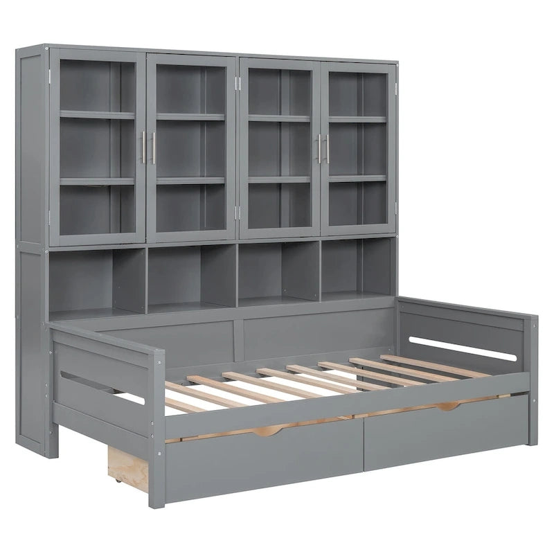 Lit banquette avec étagères et rangement, lit capitaine en bois intégré