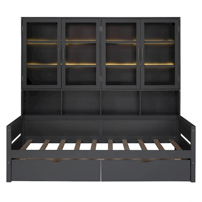 Lit banquette avec étagères et rangement, lit capitaine en bois intégré