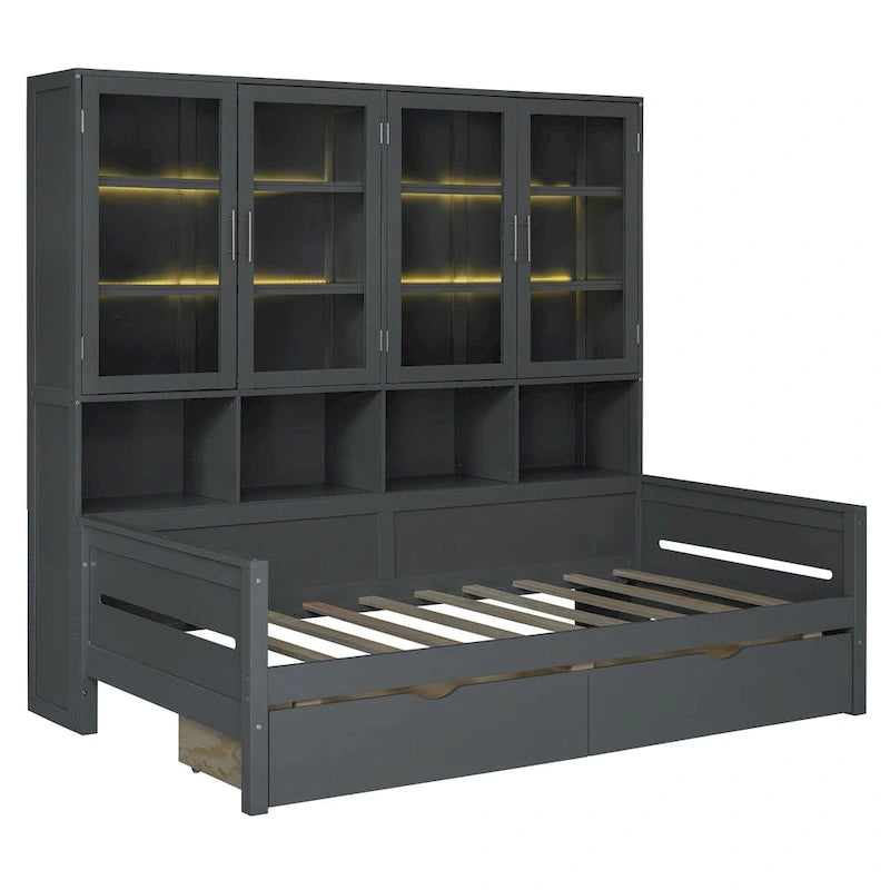 Lit banquette avec étagères et rangement, lit capitaine en bois intégré