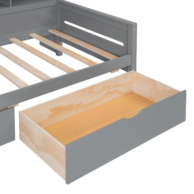 Lit banquette avec étagères et rangement, lit capitaine en bois intégré