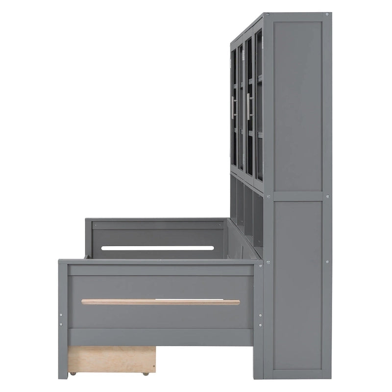 Lit banquette avec étagères et rangement, lit capitaine en bois intégré