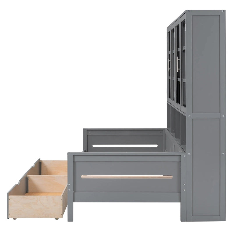 Lit banquette avec étagères et rangement, lit capitaine en bois intégré