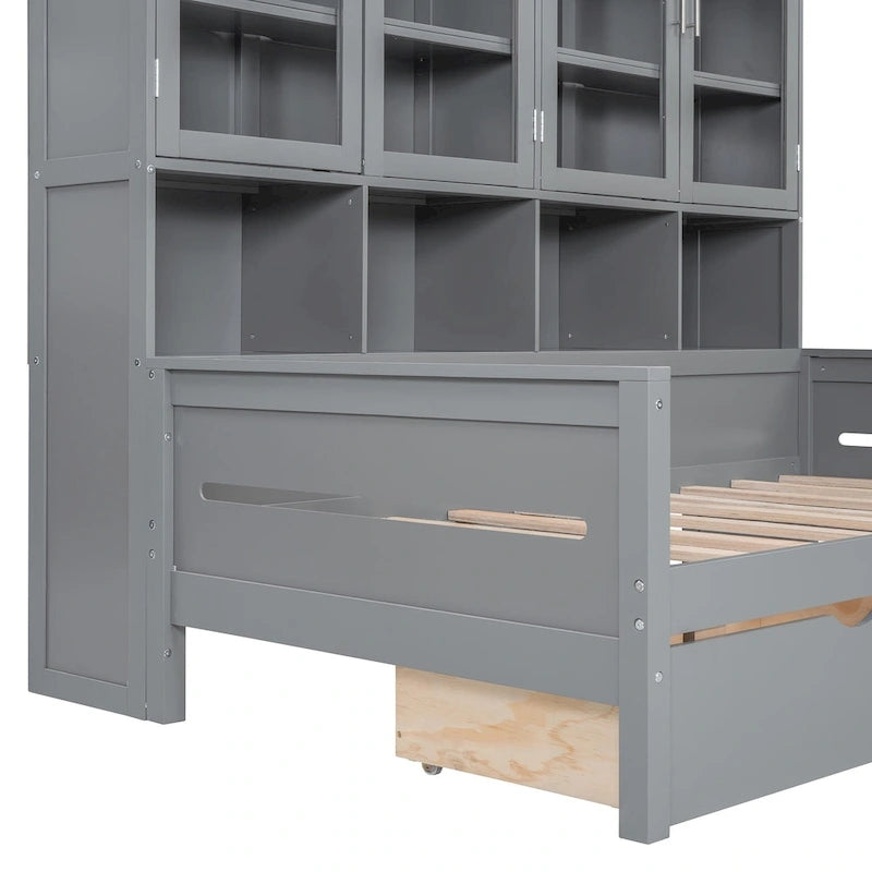 Lit banquette avec étagères et rangement, lit capitaine en bois intégré