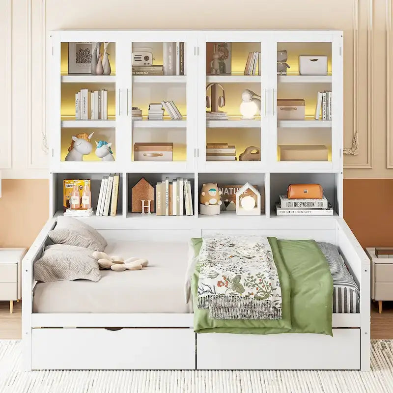 Lit banquette avec étagères et rangement, lit capitaine en bois intégré