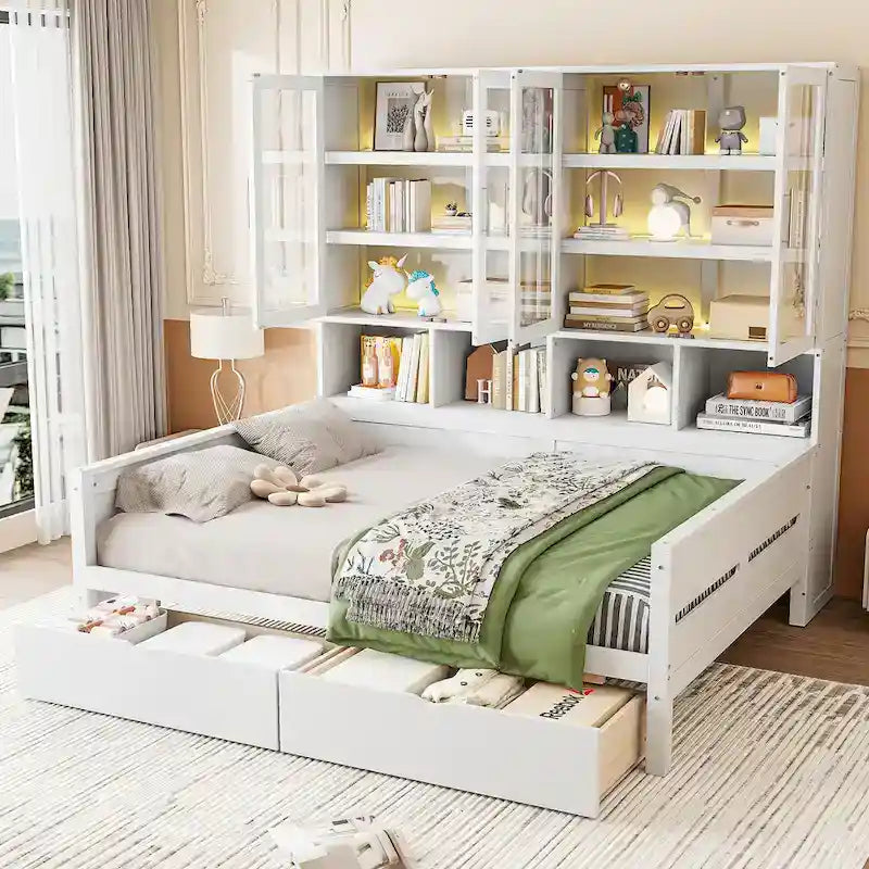 Lit banquette avec étagères et rangement, lit capitaine en bois intégré