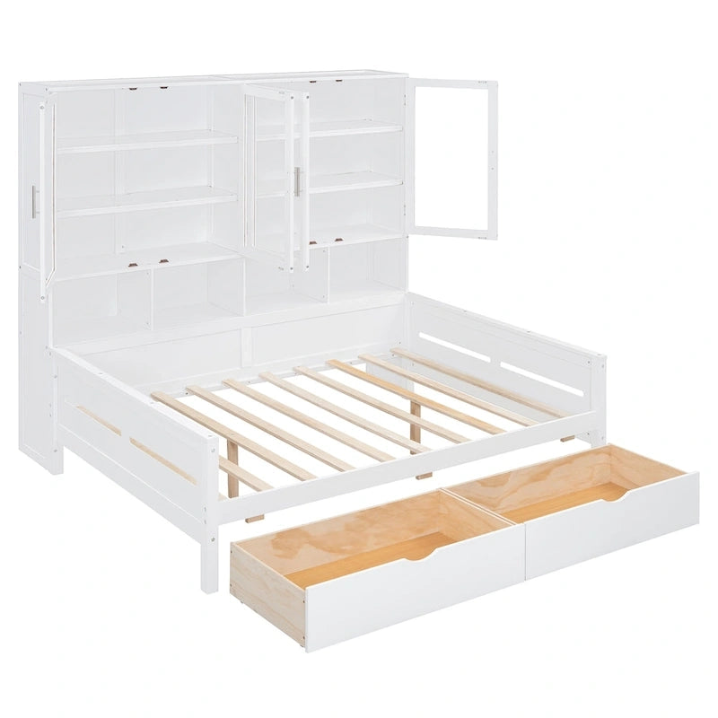 Lit banquette avec étagères et rangement, lit capitaine en bois intégré