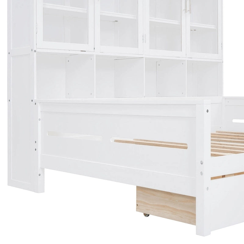 Lit banquette avec étagères et rangement, lit capitaine en bois intégré