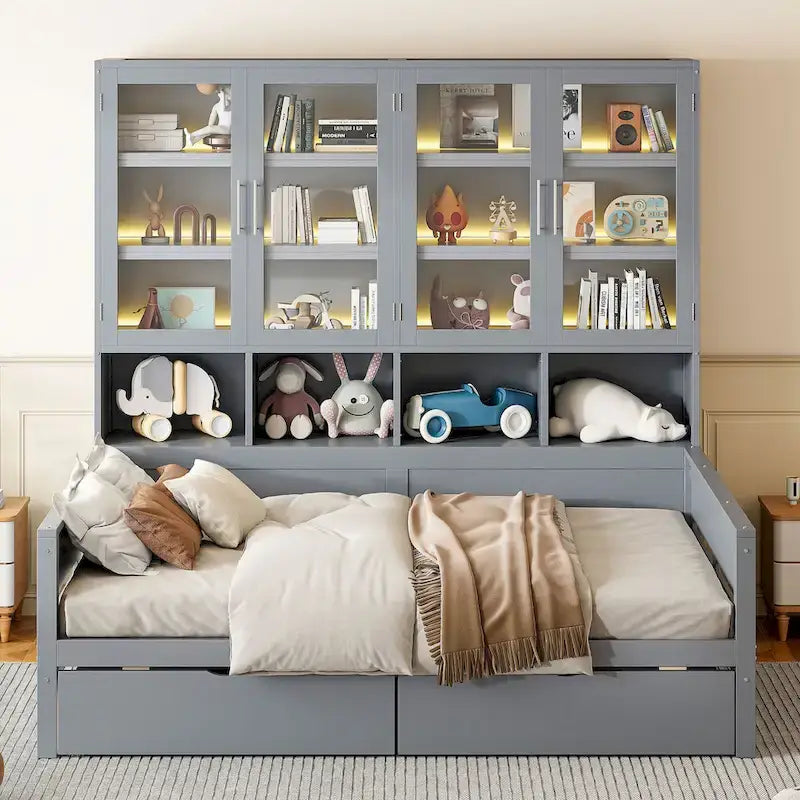 Lit banquette avec étagères et rangement, lit capitaine en bois intégré