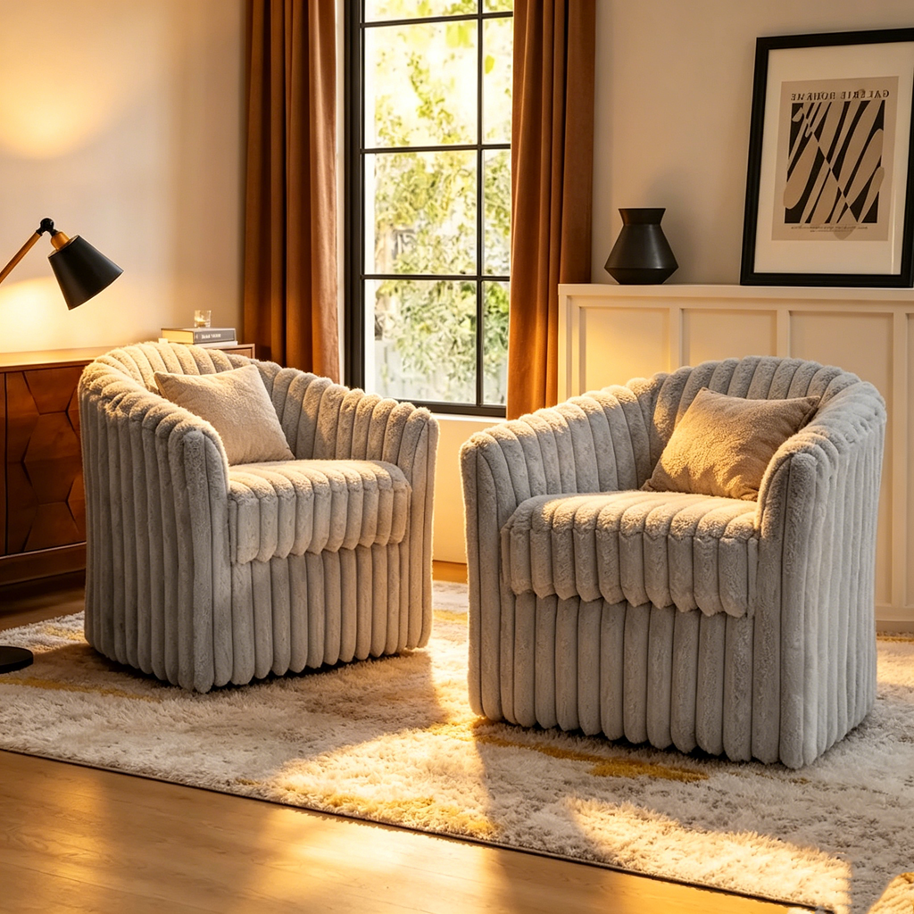 Fauteuil pivotant rond rembourré en velours côtelé