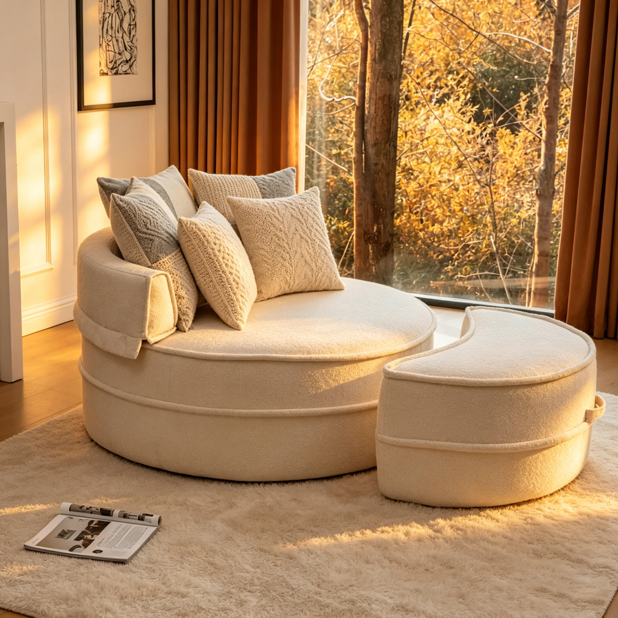 Fauteuil d'appoint rond moderne avec pouf – Canapé de salon en velours