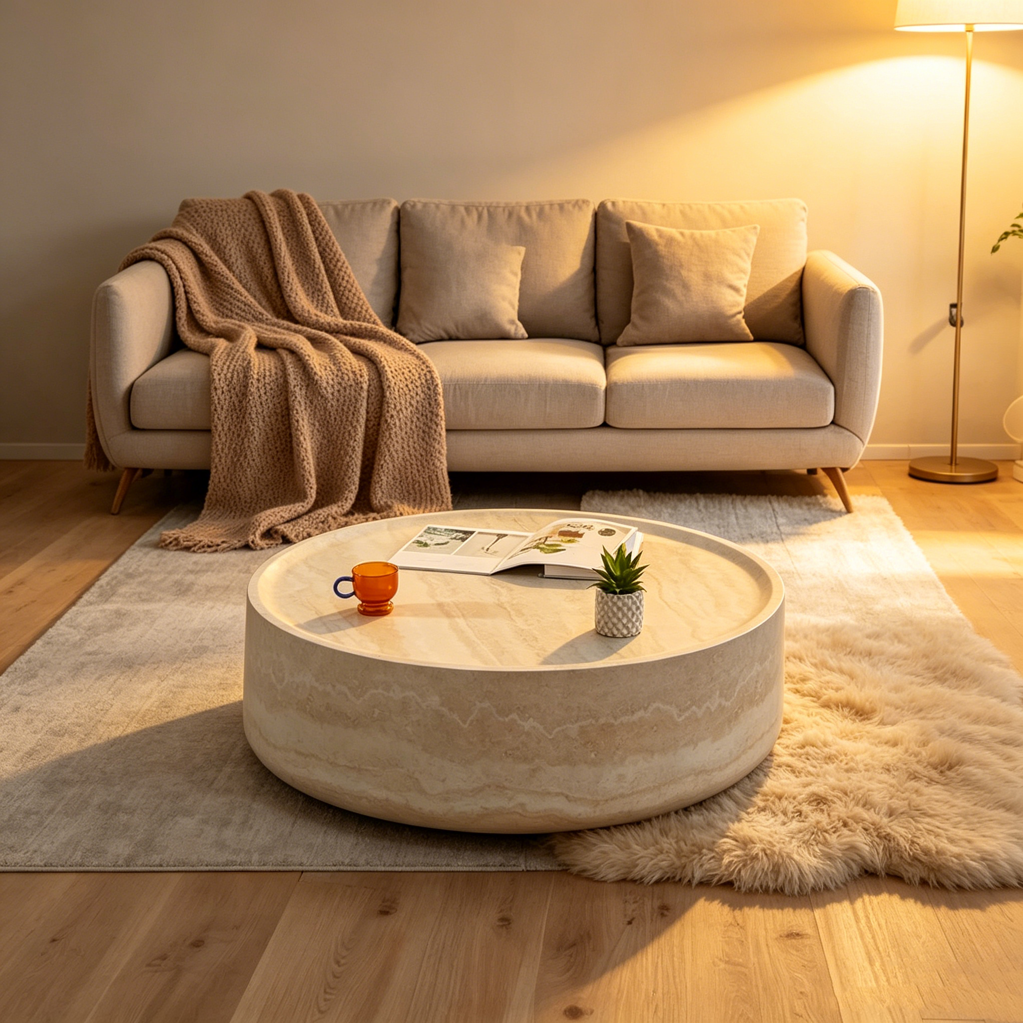 Table basse ronde robuste en fibre de verre avec grand espace de rangement
