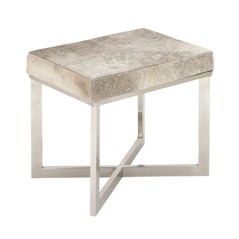 Tabouret en cuir de vachette avec base en acier inoxydable argenté