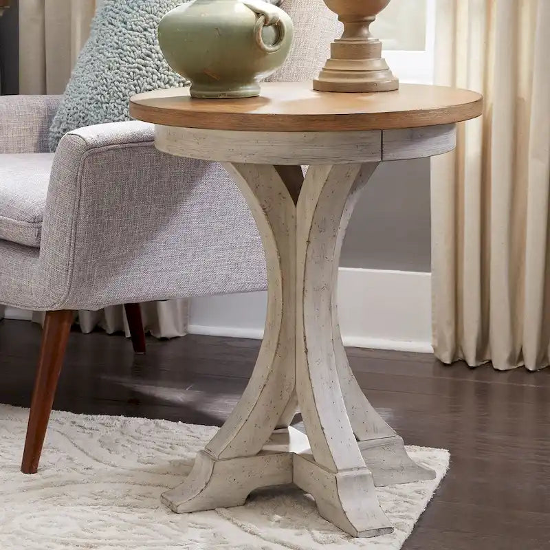 Table d'appoint ronde blanc antique, style ferme revisitée