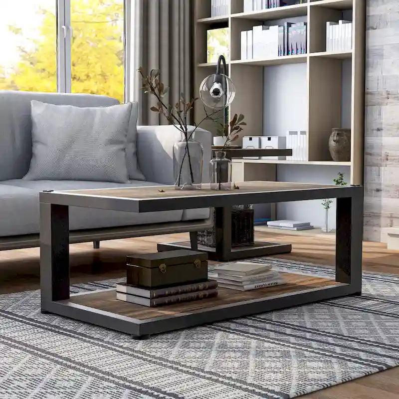 Table basse étagère noyer foncé et noir sable