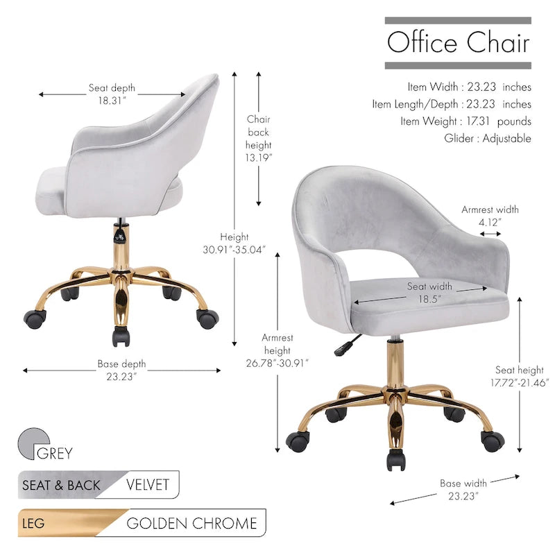 Fauteuil de bureau pivotant en velours, pieds chromés dorés