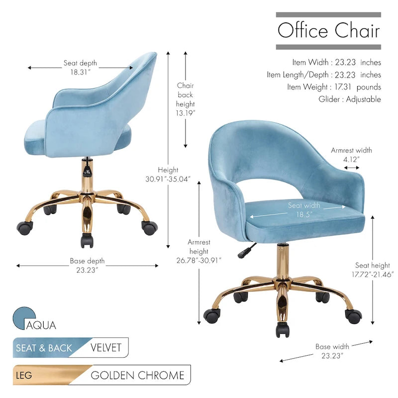 Fauteuil de bureau pivotant en velours, pieds chromés dorés